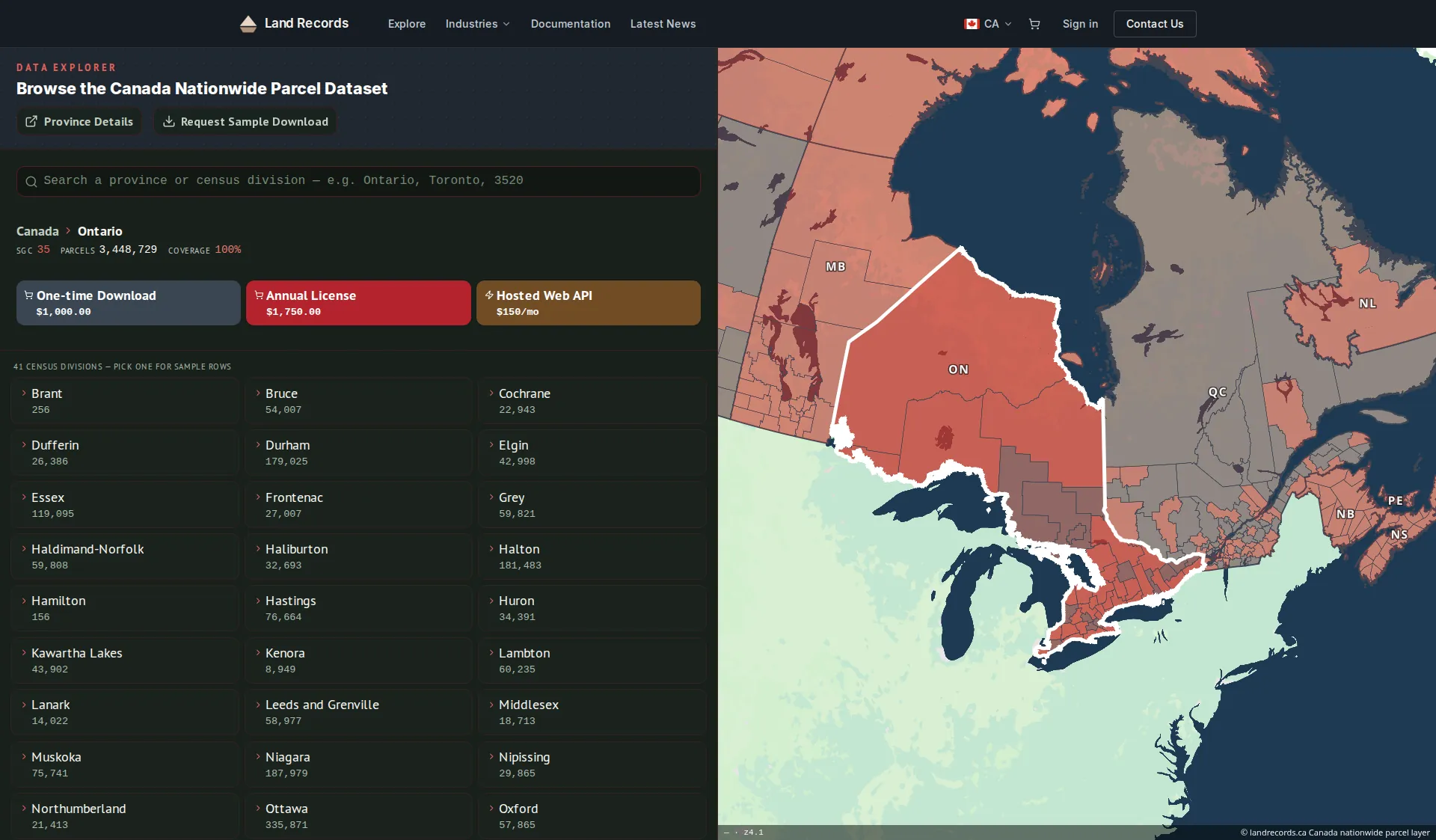 The Land Records data explorer showing Canada: a province selected, with its parcel count and coverage, buy and subscribe buttons, a 50-row data sample with per-column coverage, and the province outlined on the map